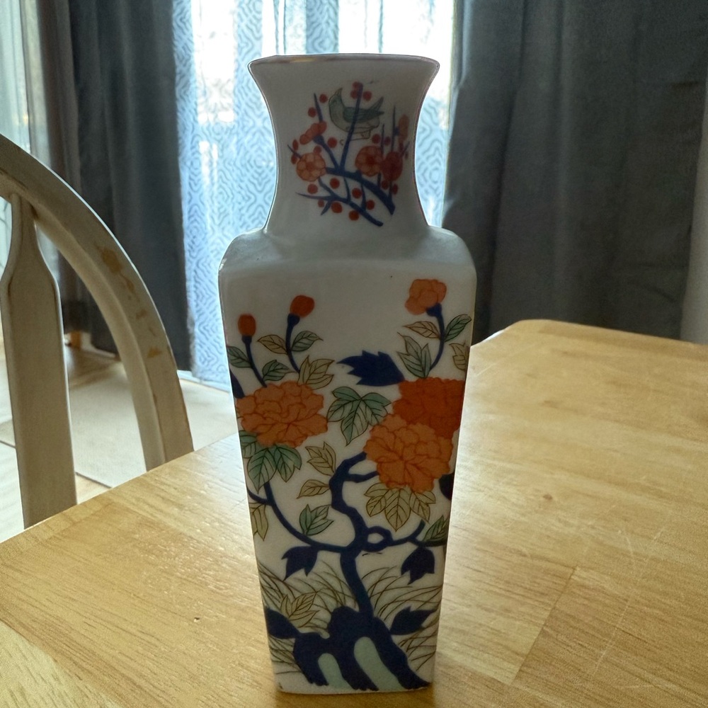 Floral Ceramic Vase with Orange and Blue Design